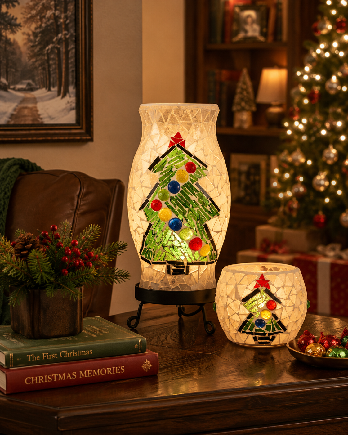 Christmas Combo Handmade Mosaic Accent Lamp and Candle Holder
