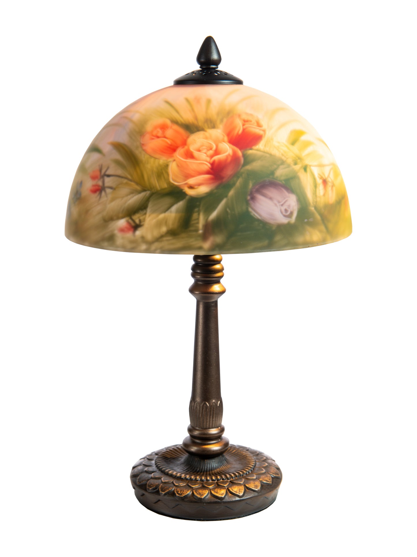 Decorative table lamp with a floral glass shade on a white background