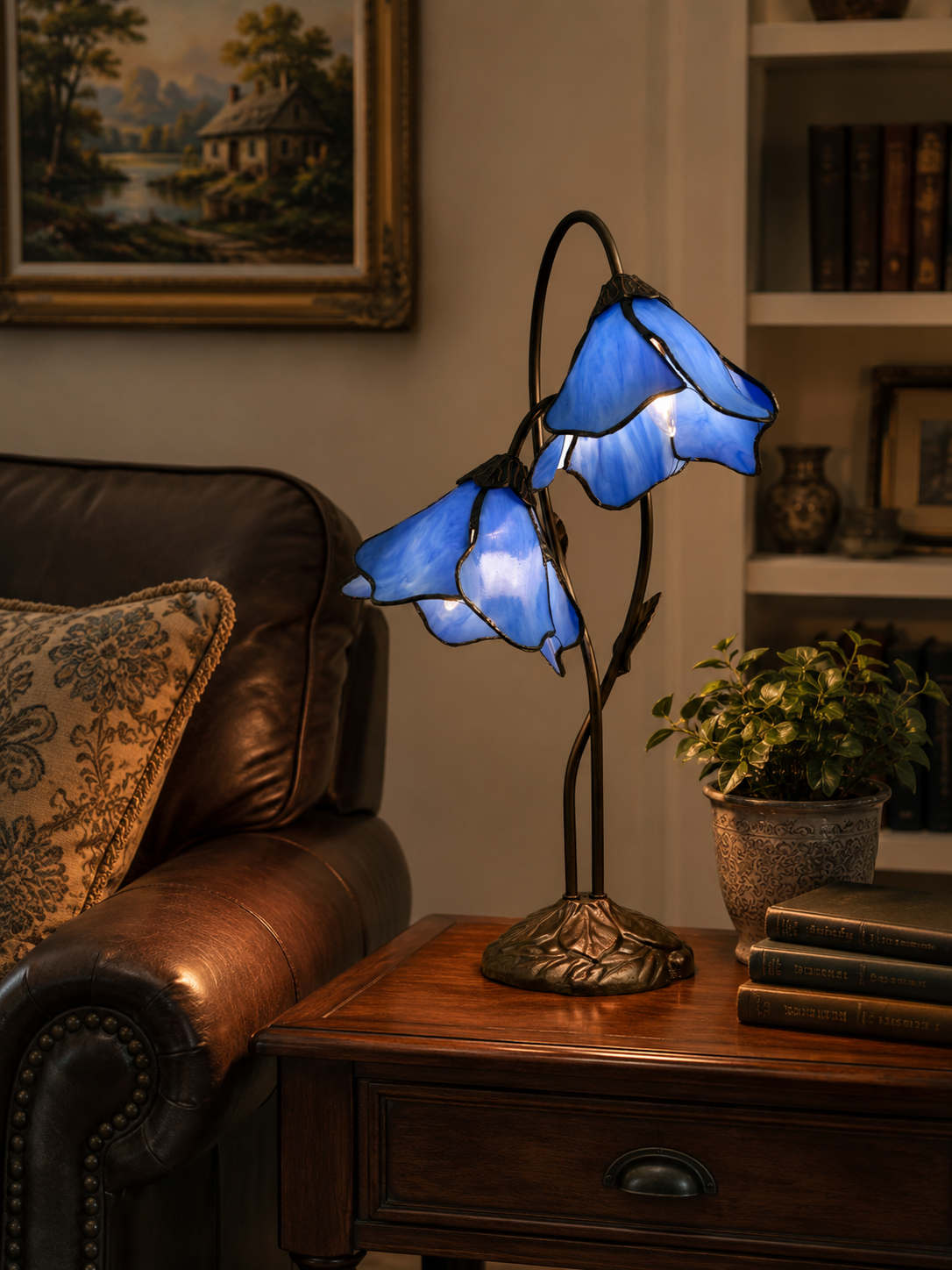 Poelking 2-Light Blue Lily Tiffany Table Lamp
