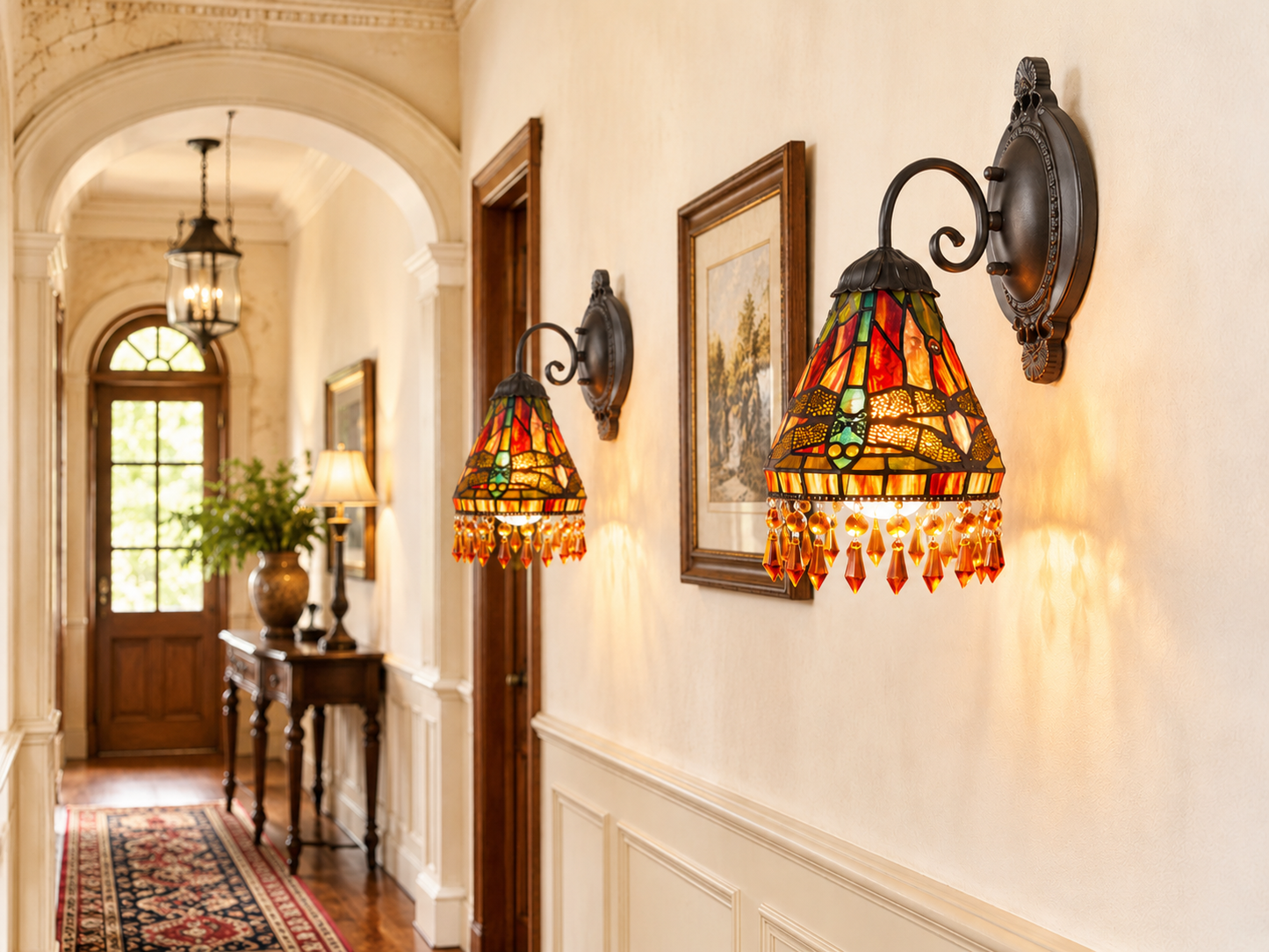 Dragonfly Beaded 2-Piece Tiffany Wall Sconce Set