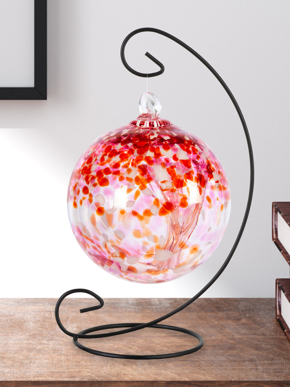 Tree of Life 6 Inch Pink Hand Blown Glass Ball with Stand