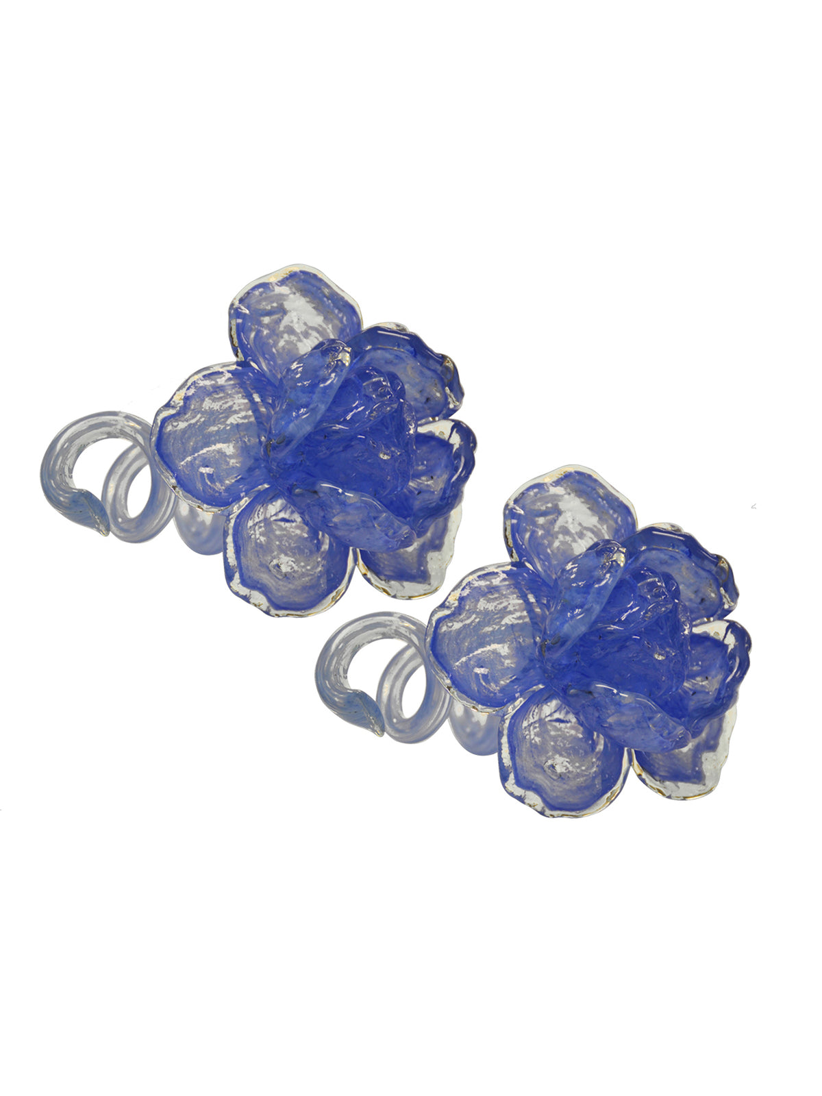 2Pc Set Blue Rose Bud Glossy Handcrafted Art Glass Sculpture