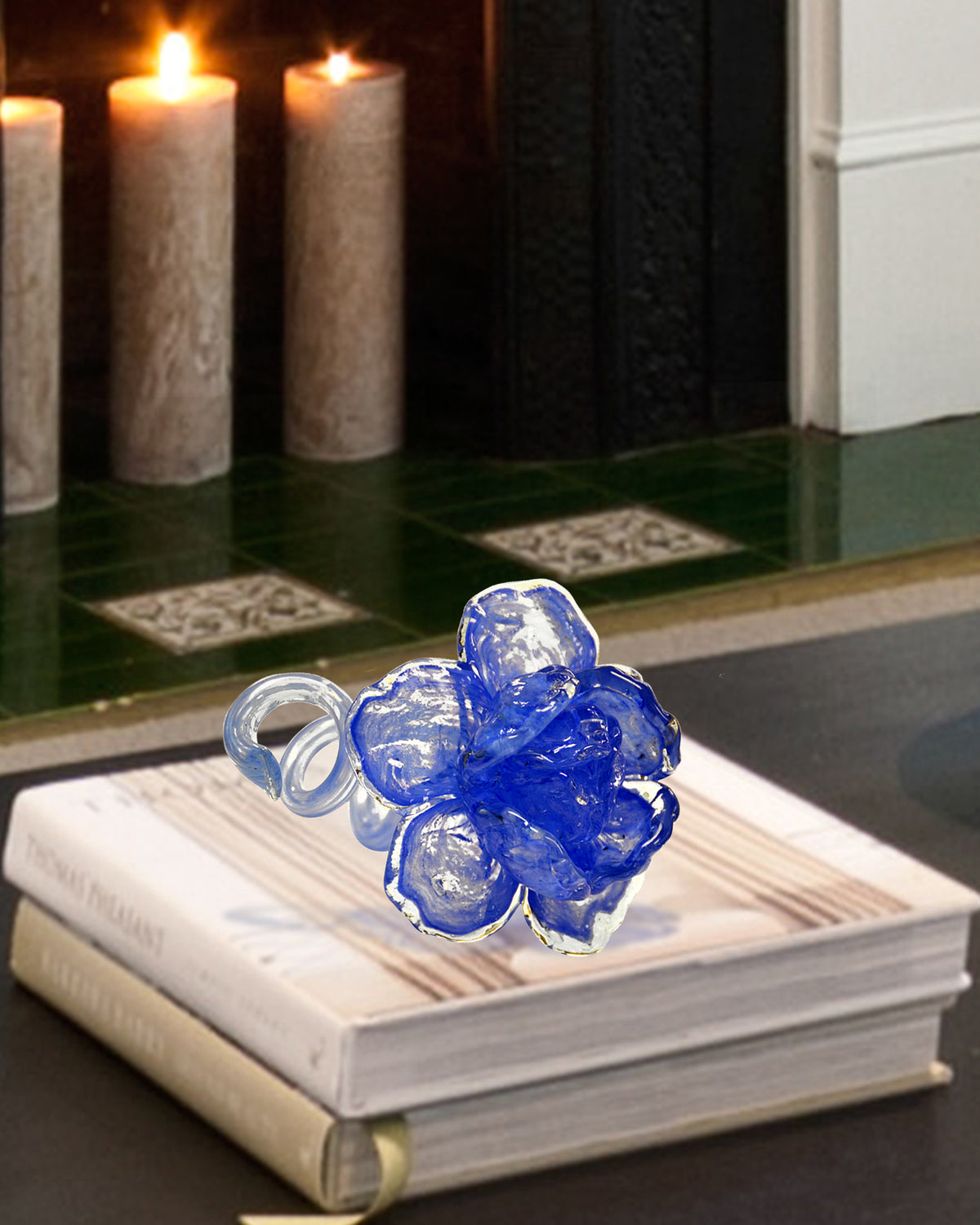 2Pc Set Blue Rose Bud Glossy Handcrafted Art Glass Sculpture
