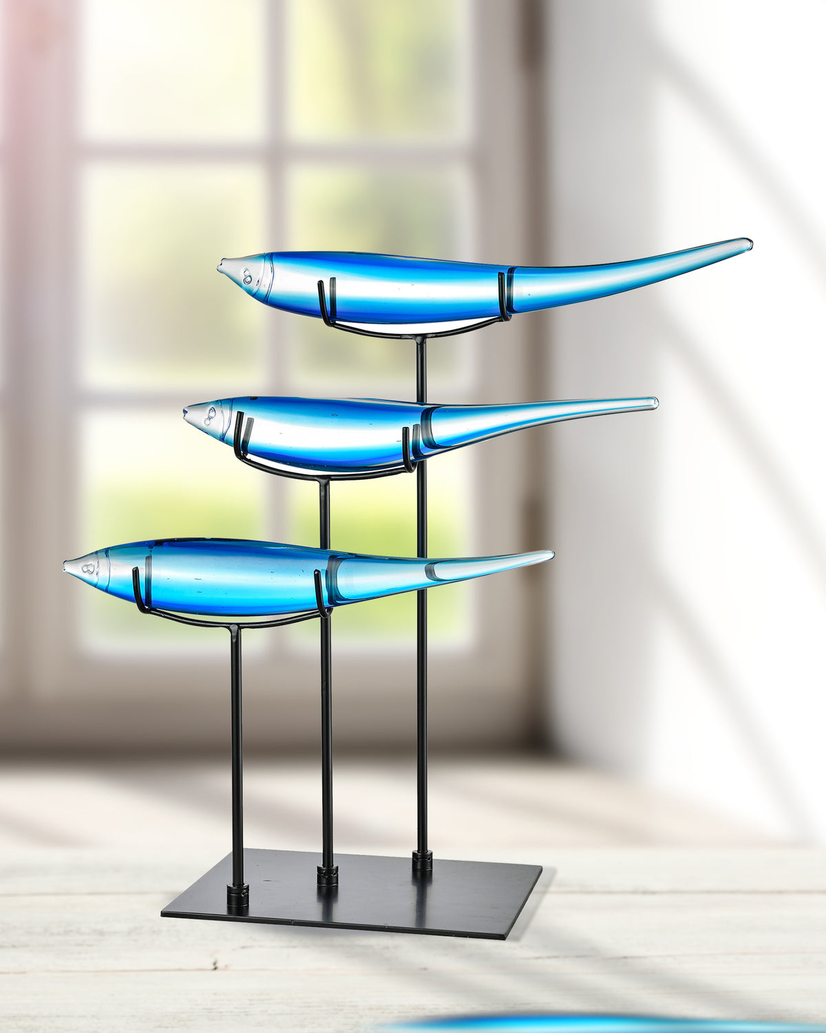 3 Blue Fish Handcrafted Art Glass Figurine