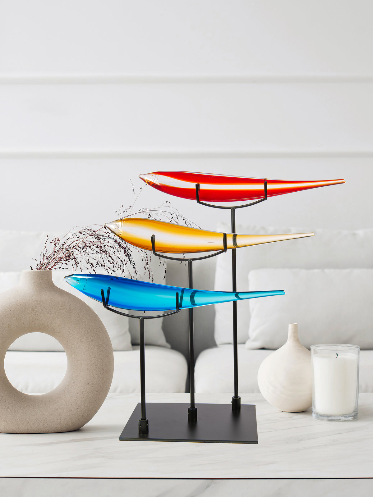 3 Multi-Color Fish Handcrafted Art Glass Figurine