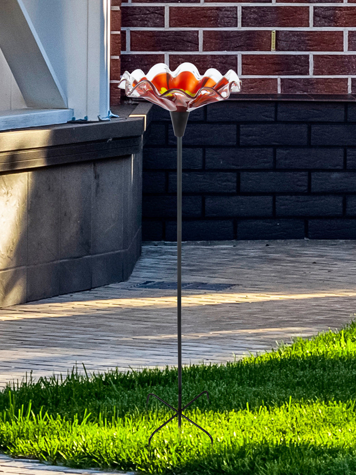 Fiore Bloom Red Hand Blown Art Glass Bird Feeder/Bath