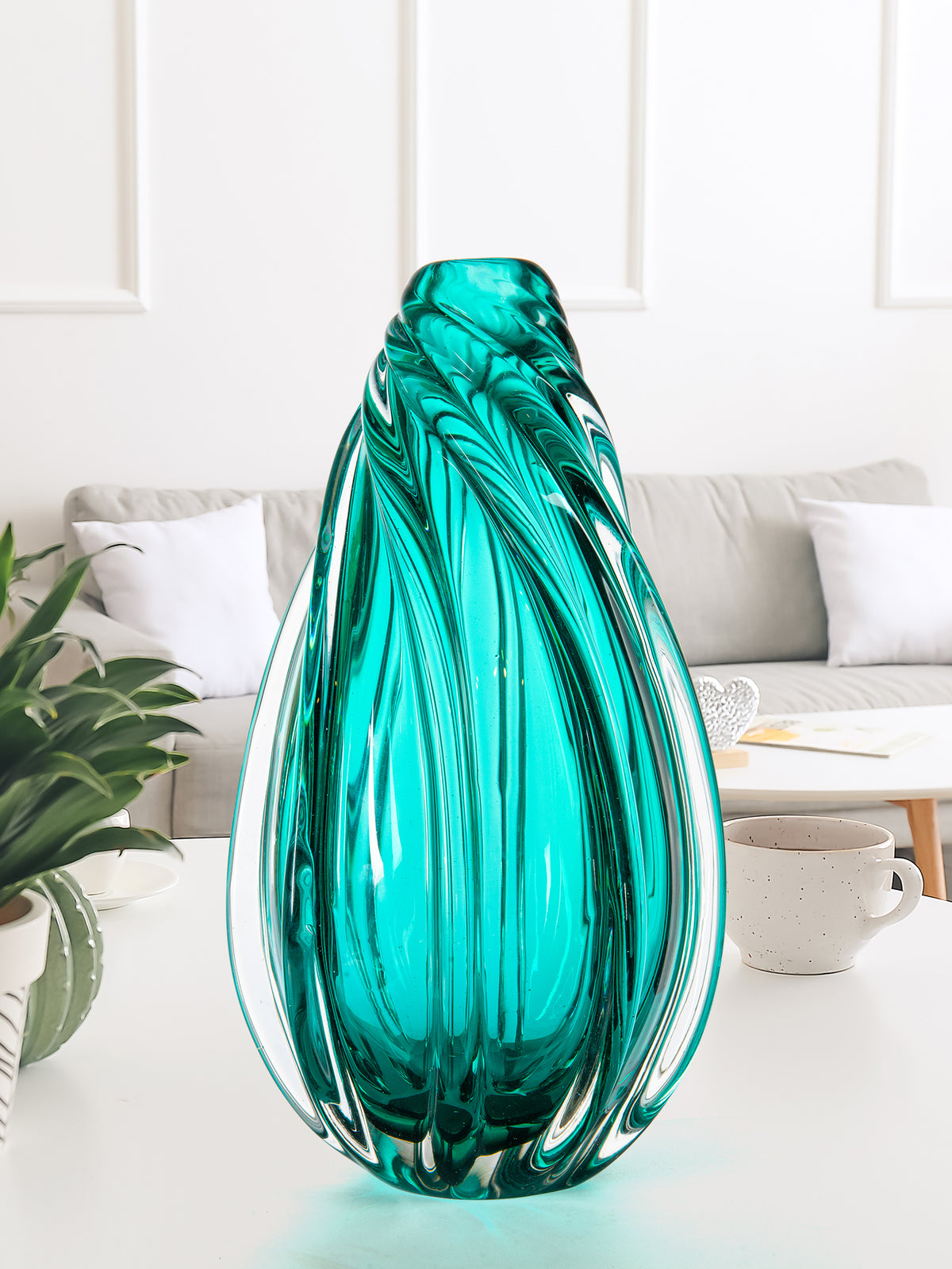 Aqua Swirl Hand Blown Art Glass Vase