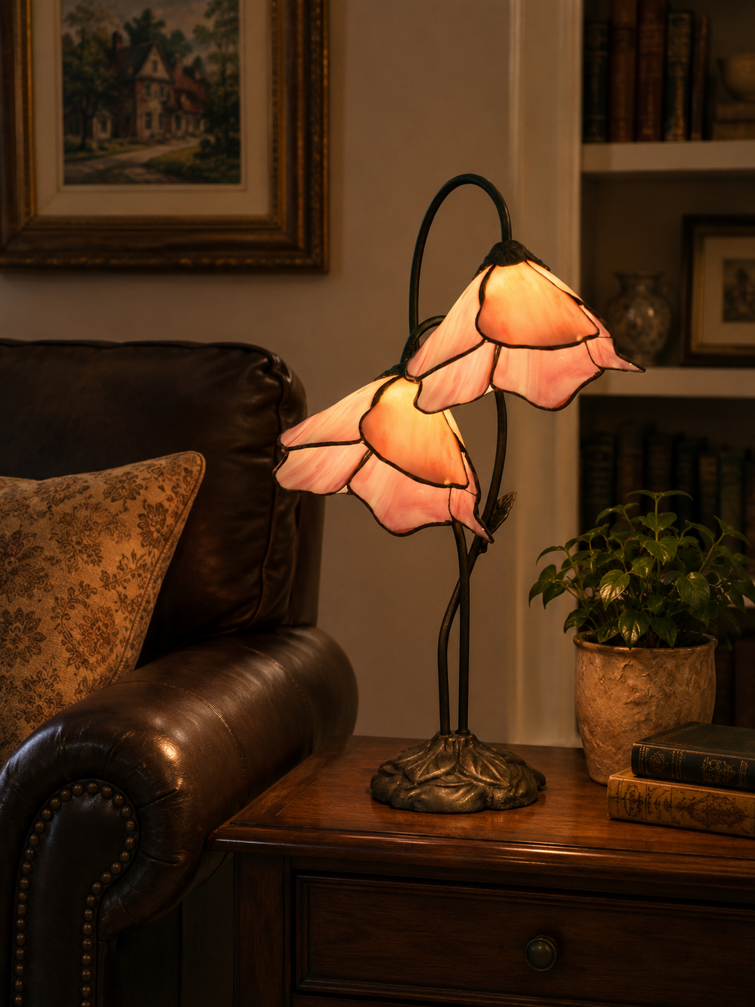 Poelking 2-Light Pink Lily Tiffany Table Lamp