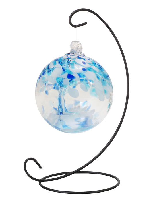 Rainbow Tree of Life 3 Inch Aqua Hand Blown Decorative Glass Ornament with Stand