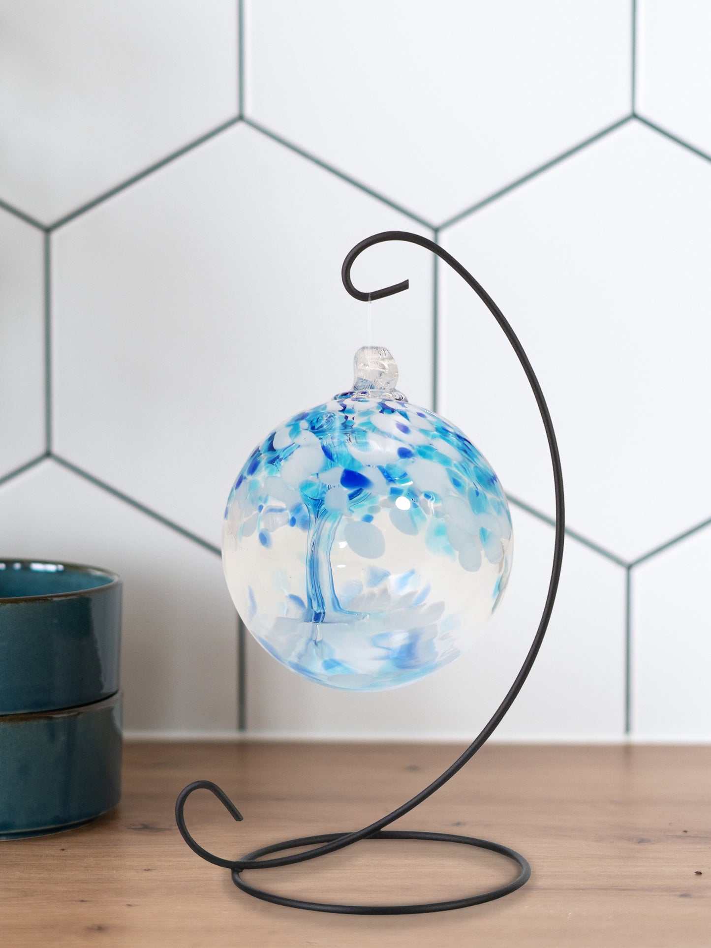 Rainbow Tree of Life 3 Inch Aqua Hand Blown Decorative Glass Ornament with Stand