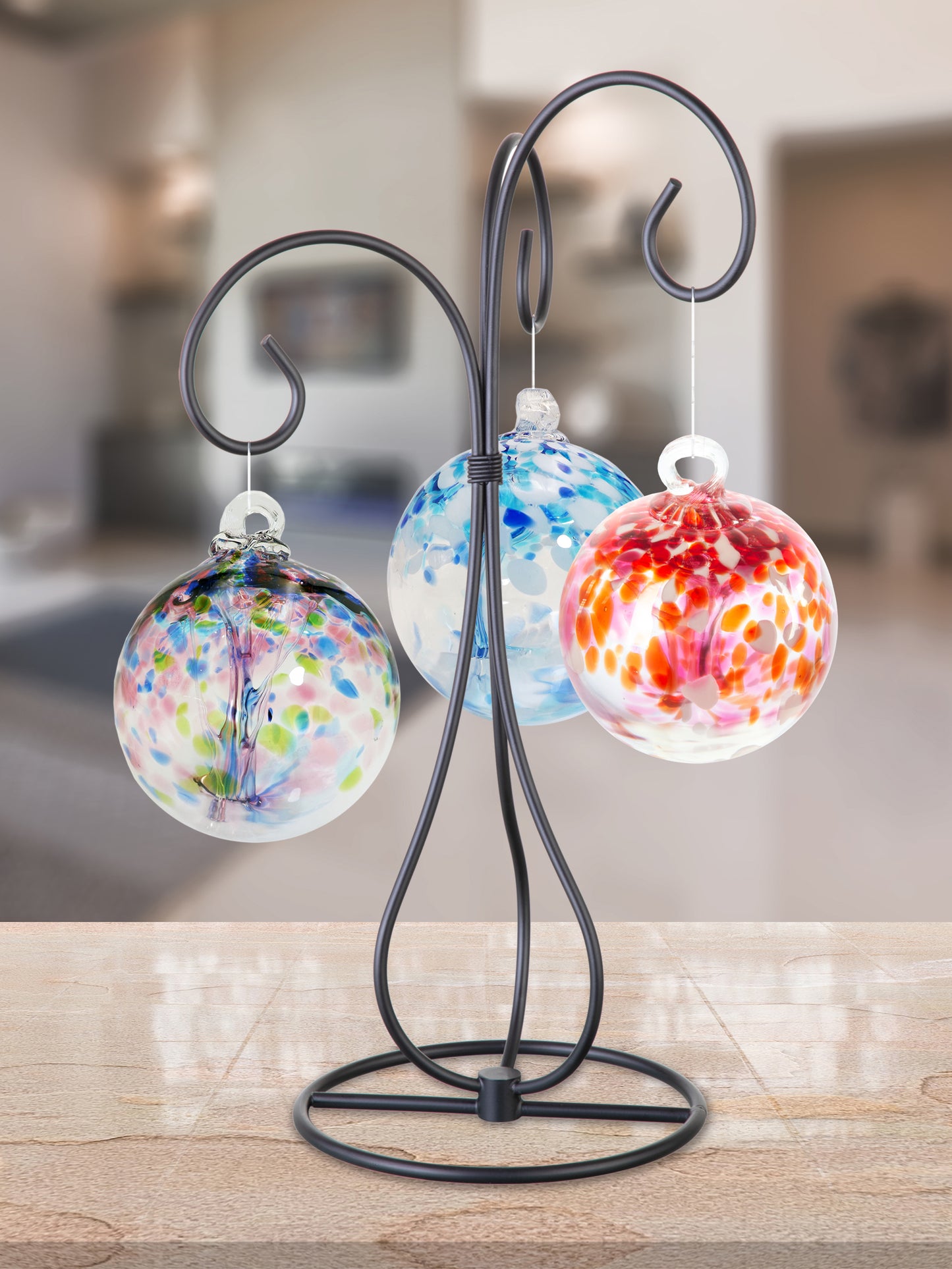 Rainbow Tree of Life Three 4 Inch Hope Hand Blown Decorative Glass Ornaments with Stand