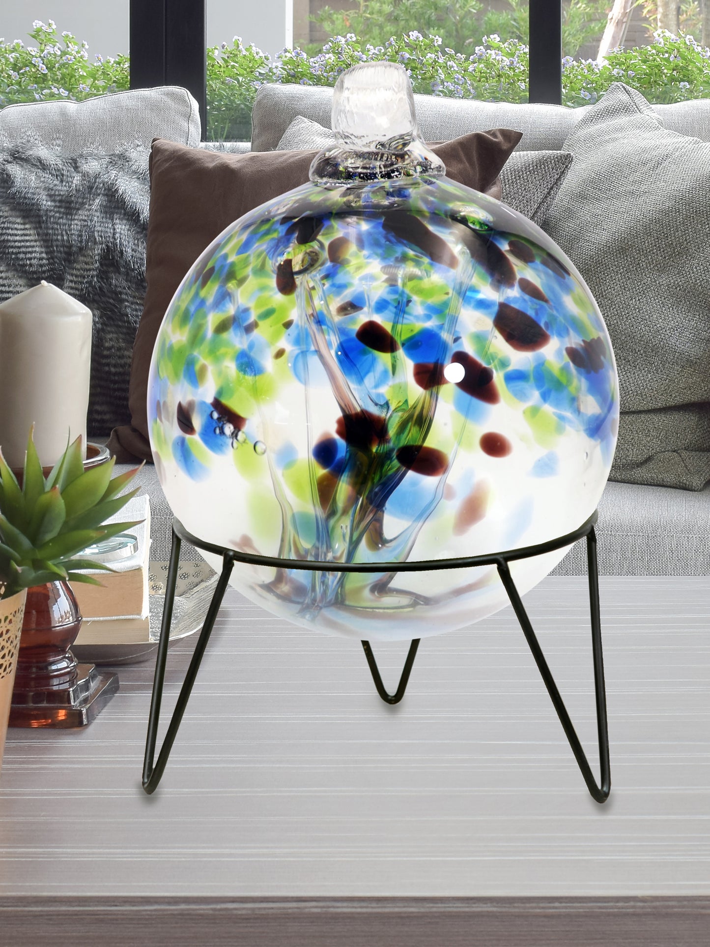 Rainbow Tree of Life 8 Inch Mystic Hand Blown Decorative Glass Ornament with Stand