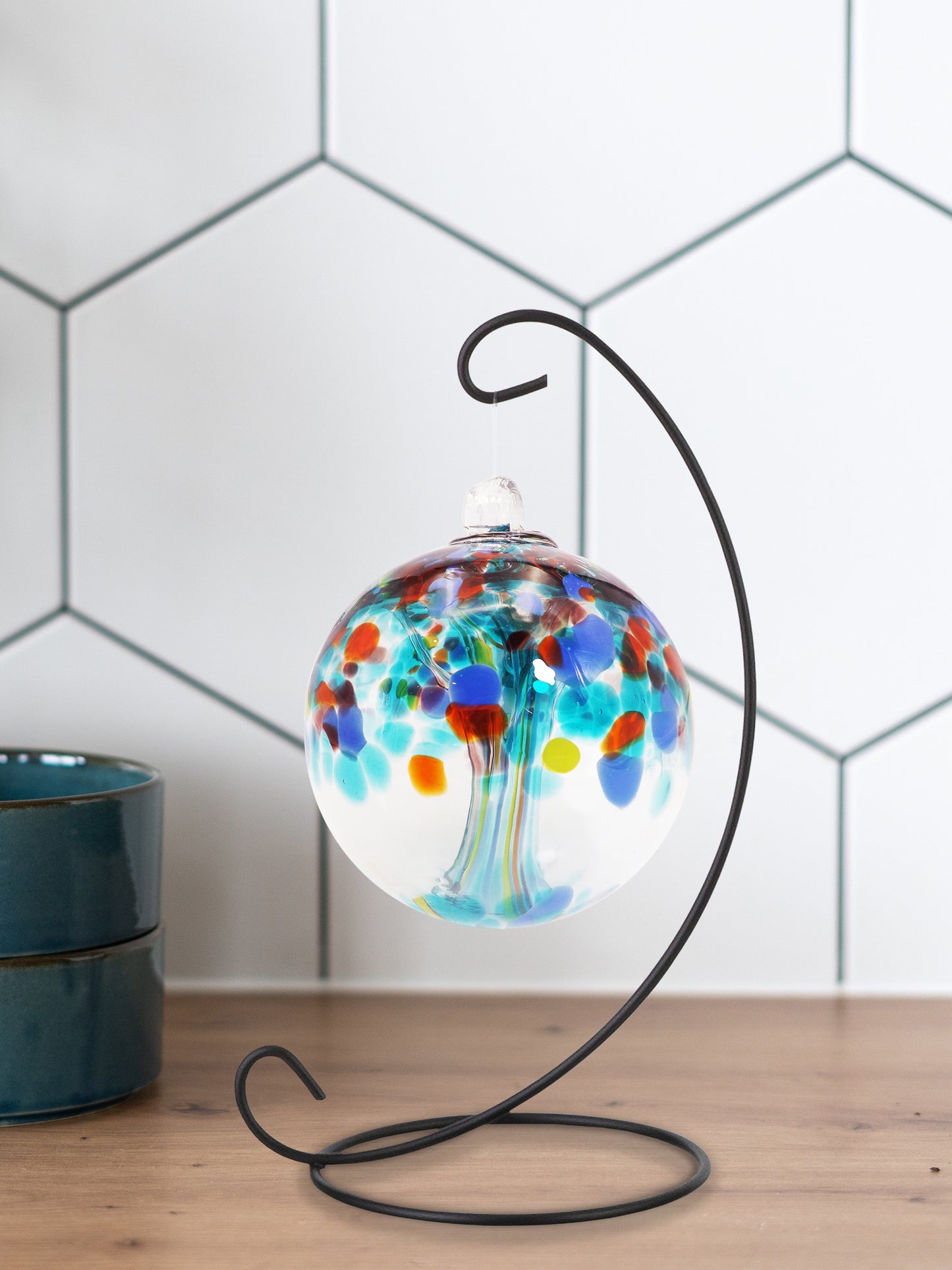Rainbow Tree of Life 3 Inch Devotion Hand Blown Decorative Glass Ornament with Stand