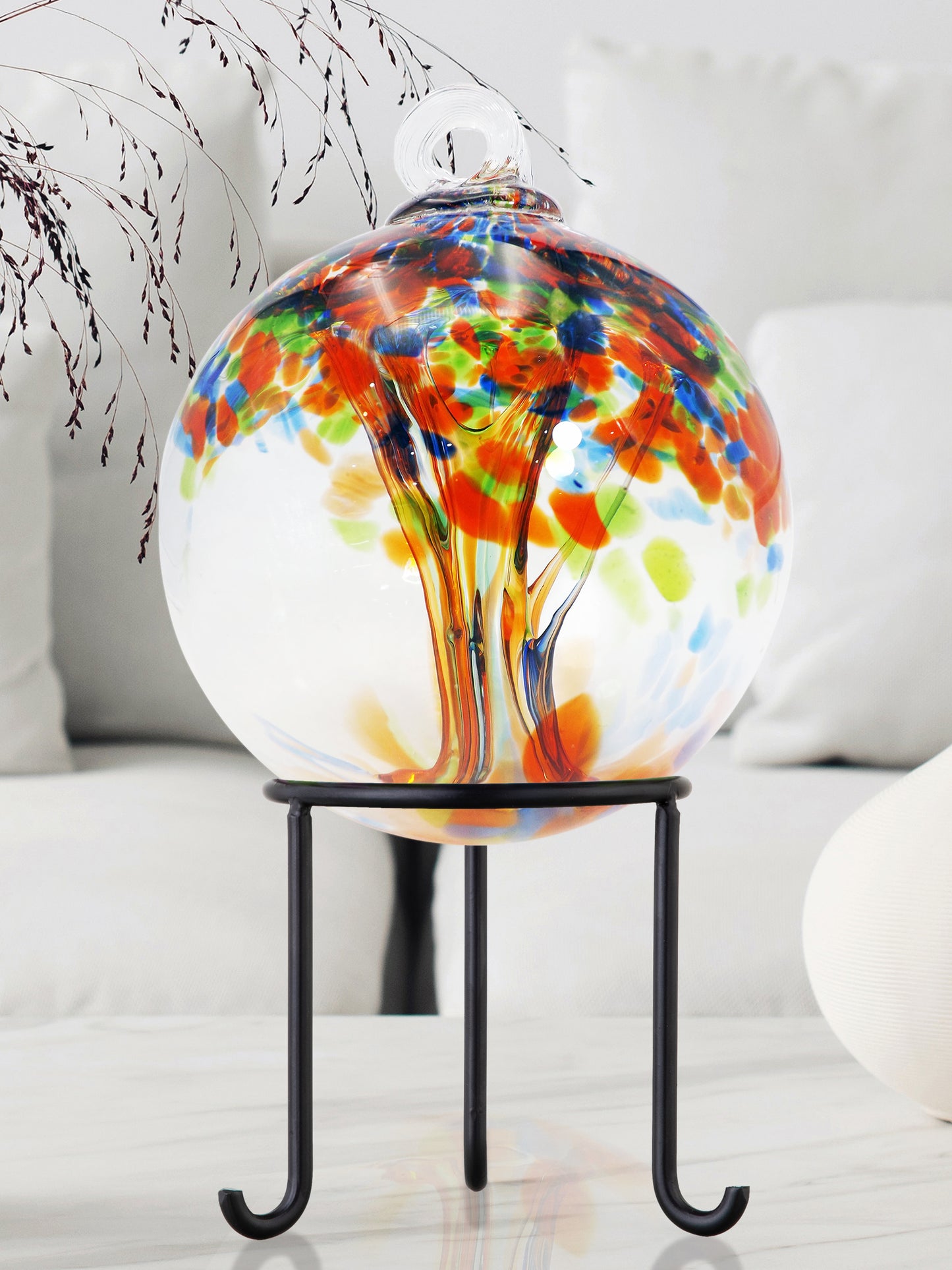Rainbow Tree of Life 6  Inch Royal Hand Blown Decorative Glass Ornament with Stand