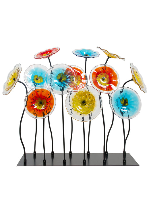 12Pc Flower Garden Handcrafted Art Glass Decor with Stand