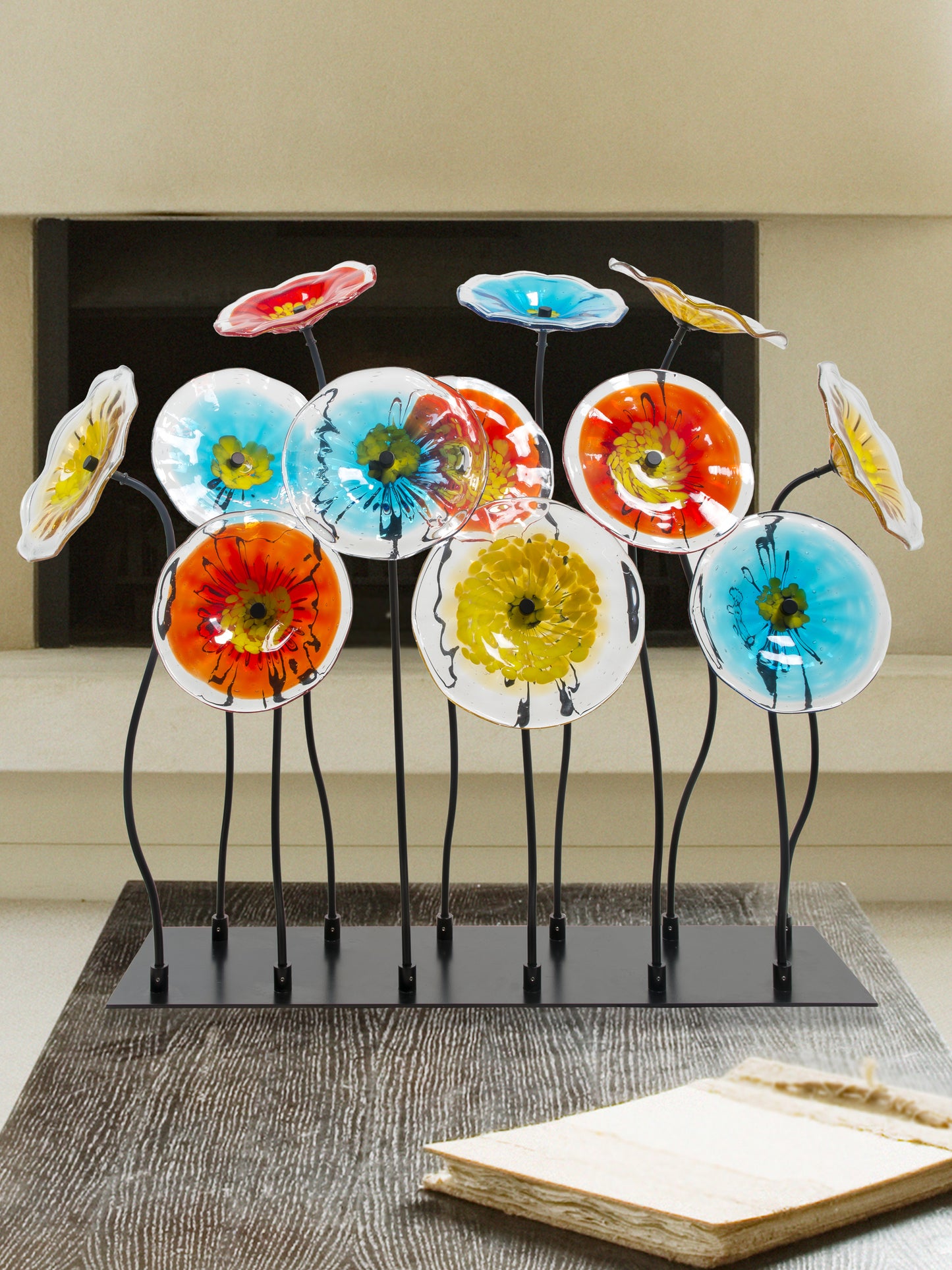 12Pc Flower Garden Handcrafted Art Glass Decor with Stand