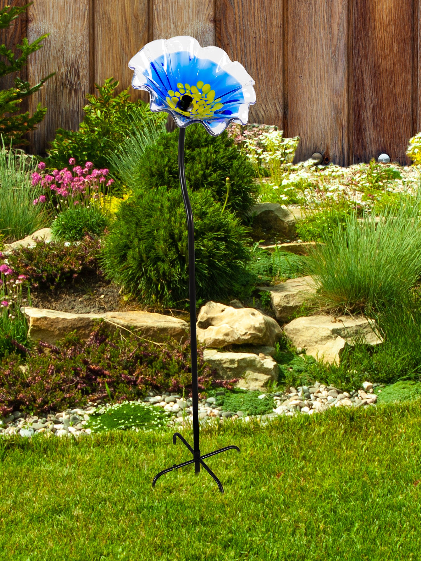 Fiore Bloom 9 Inch Blue Hand Blown Art Glass Garden Stake
