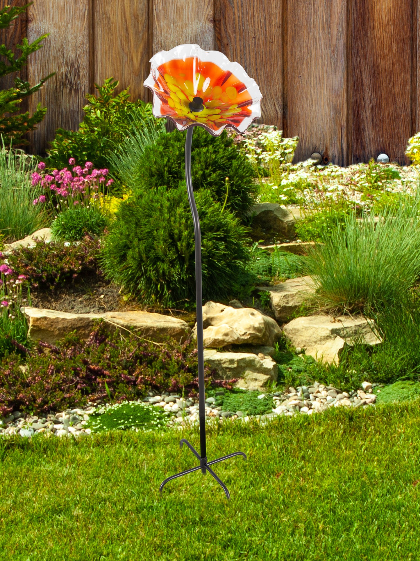 Fiore Bloom 9 Inch Red Hand Blown Art Glass Garden Stake