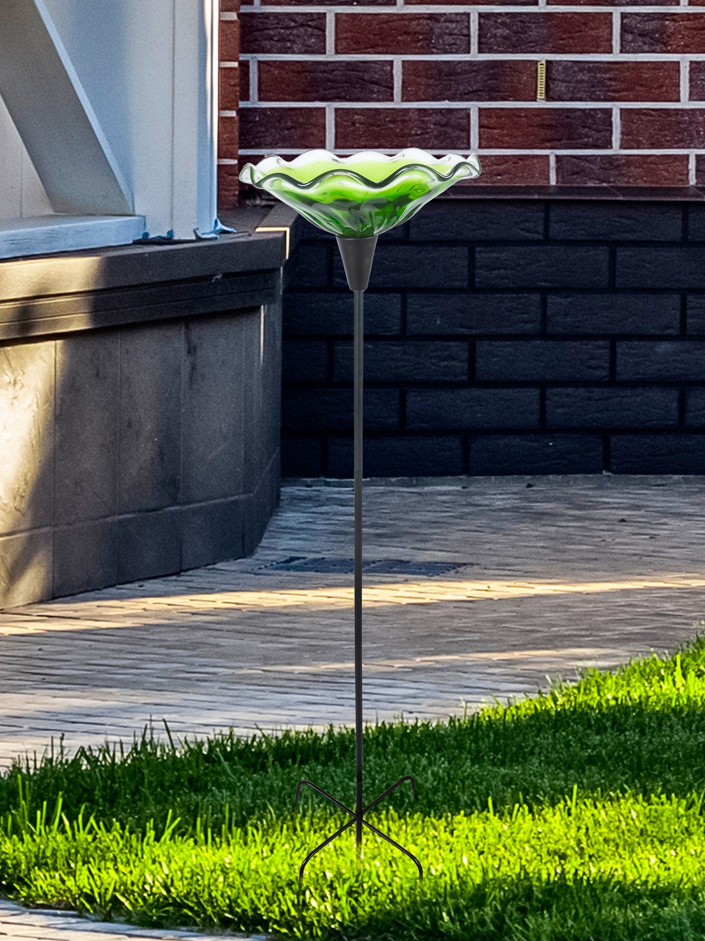 Fiore Bloom Green Hand Blown Art Glass Bird Bath Feeder