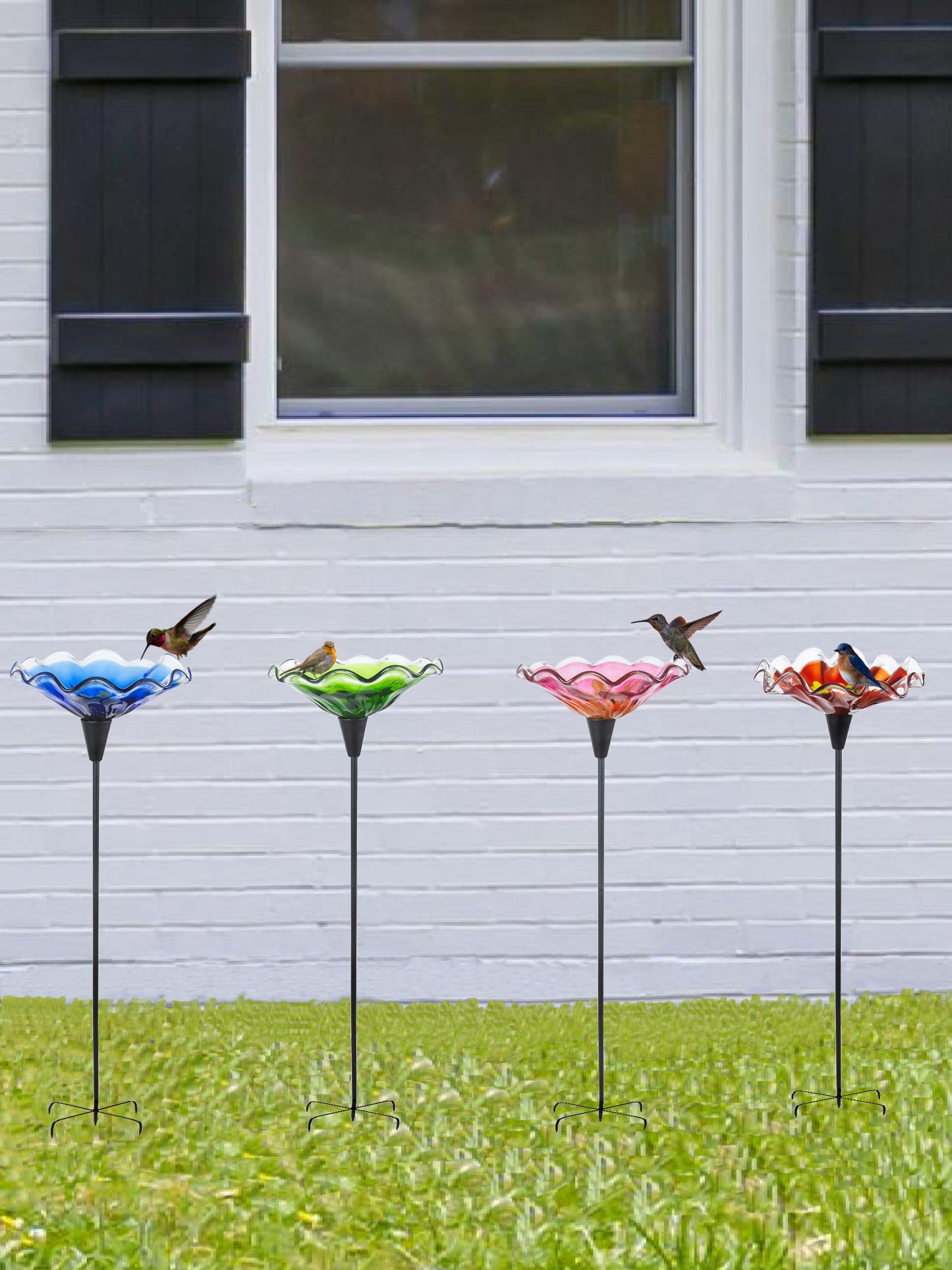 Fiore Bloom Green Hand Blown Art Glass Bird Bath Feeder