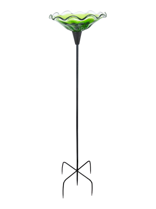 Fiore Bloom Green Hand Blown Art Glass Bird Bath Feeder