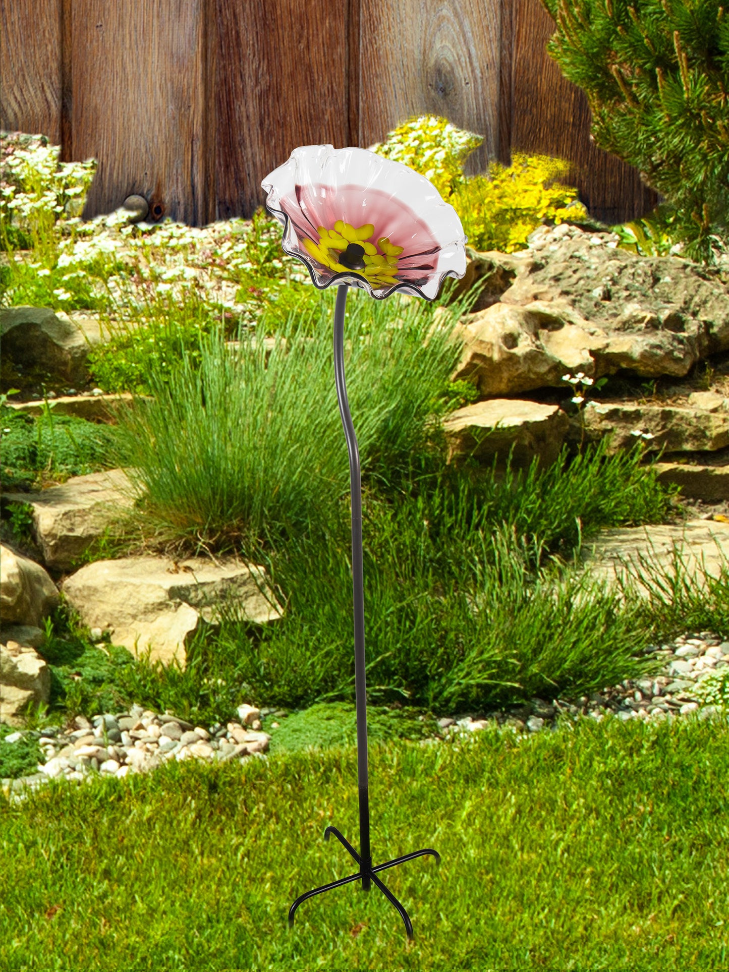 Fiore Bloom 9 Inch Pink Hand Blown Art Glass Garden Stake