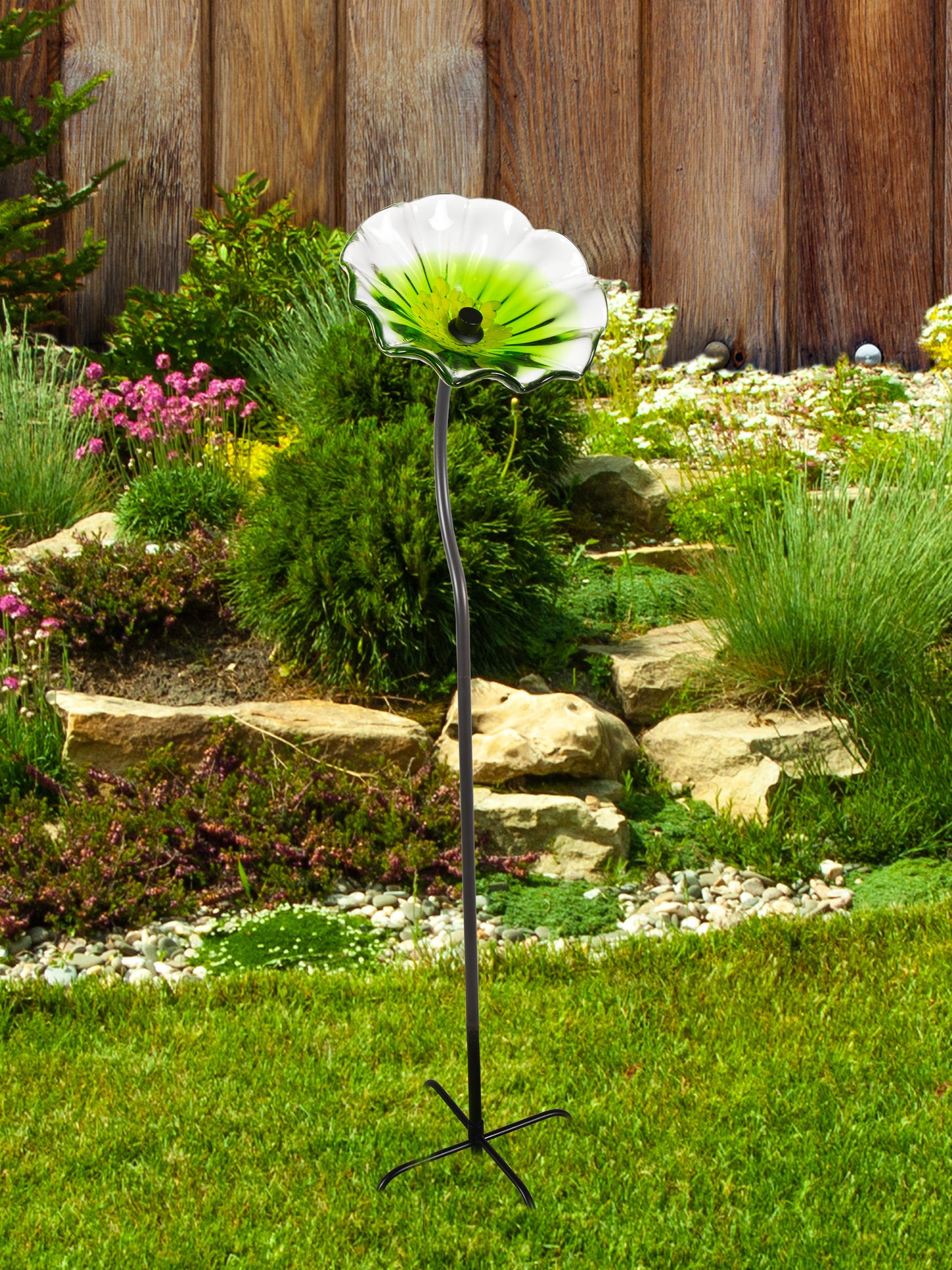 Fiore Bloom 9 Inch Green Hand Blown Art Glass Garden Stake