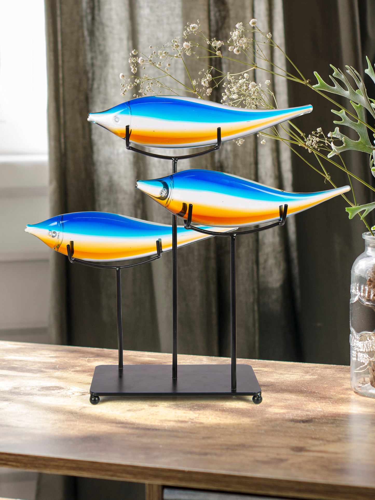 3 Garfish Handcrafted Art Glass Sculpture with Stand