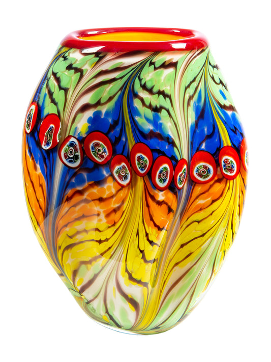 Peacock Feather Hand Blown Art Glass Vase