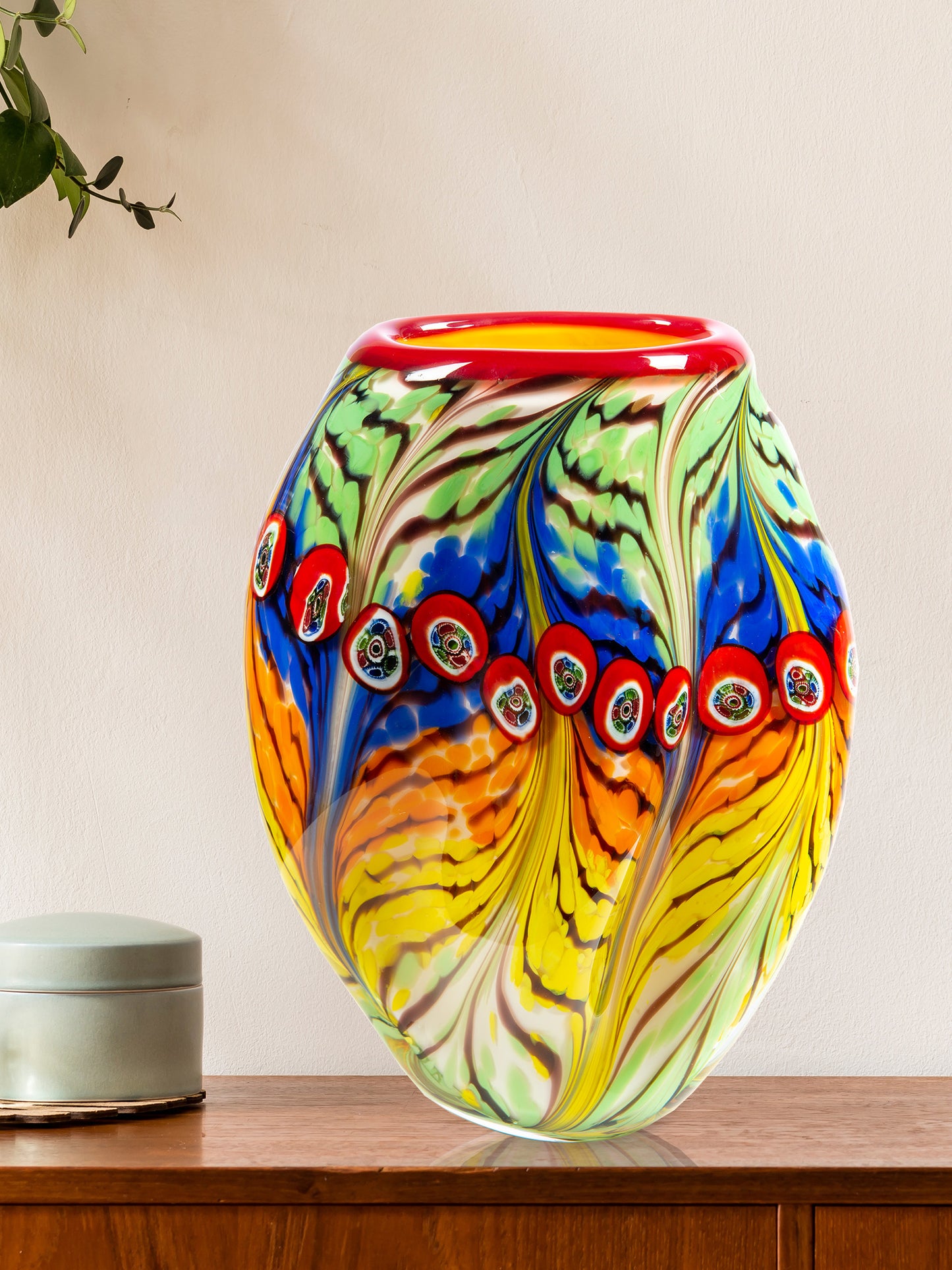 Peacock Feather Hand Blown Art Glass Vase
