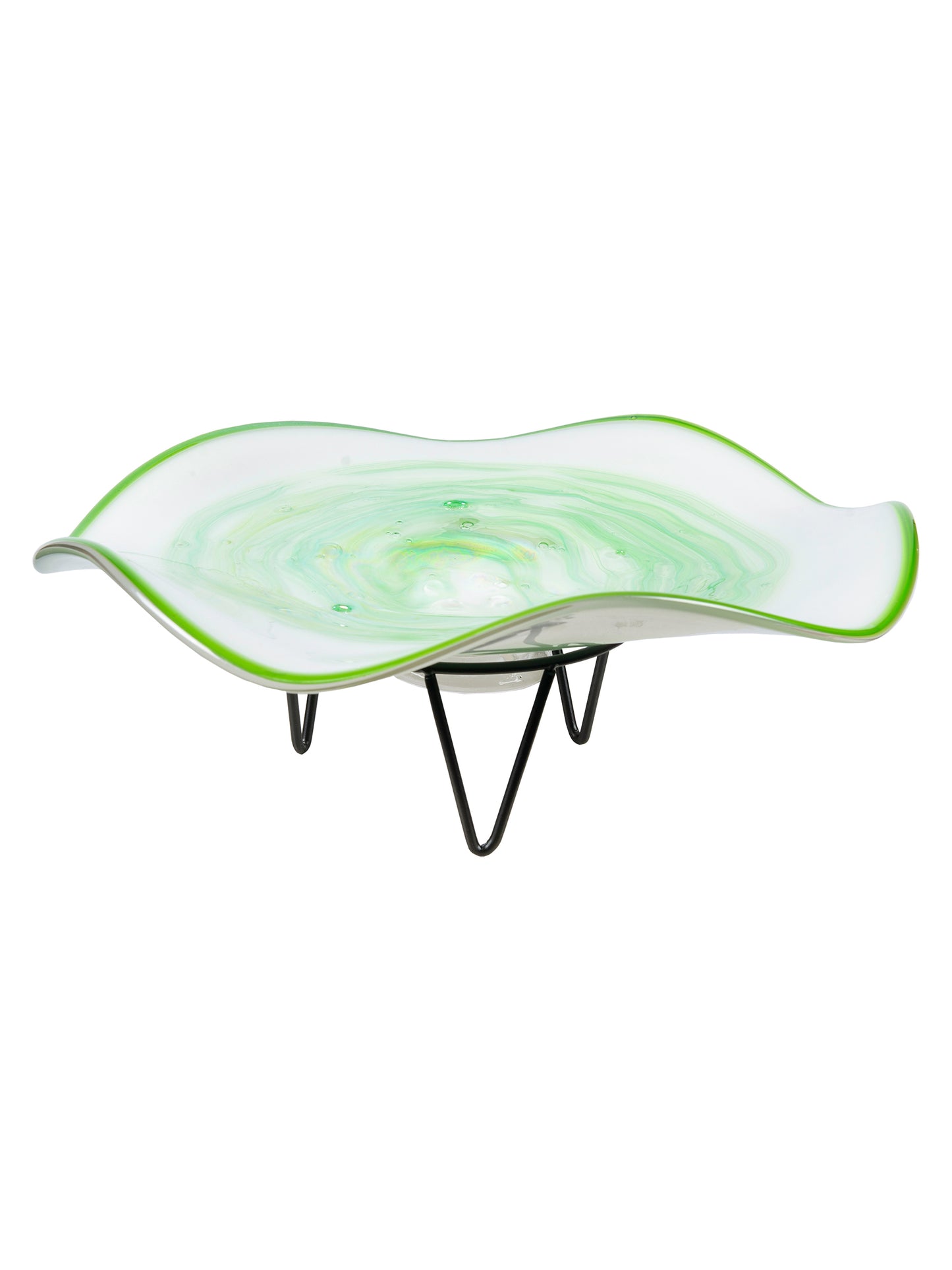 Cavalier White Green Hand Blown Art Glass Bowl With Stand
