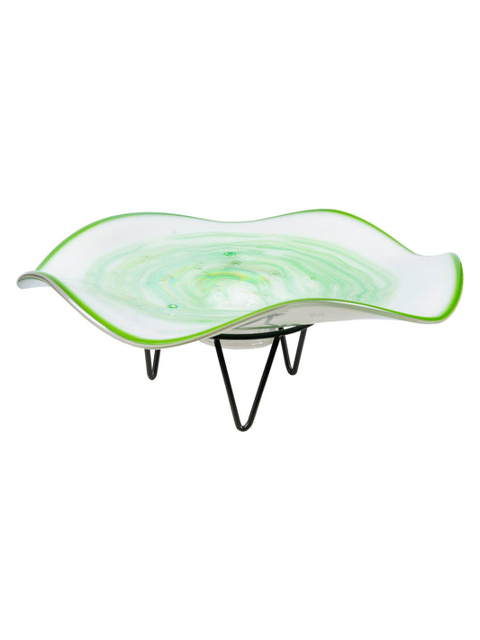 Cavalier White Green Hand Blown Art Glass Bowl With Stand