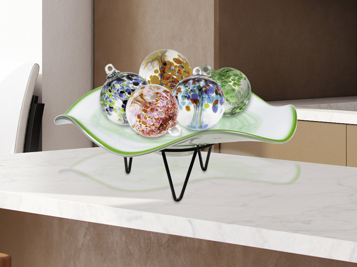 Cavalier White Green Hand Blown Art Glass Bowl With Stand