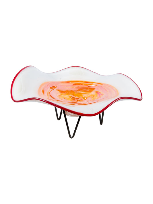 Cavalier White Orange 18" Hand Blown Art Glass Bowl With Stand