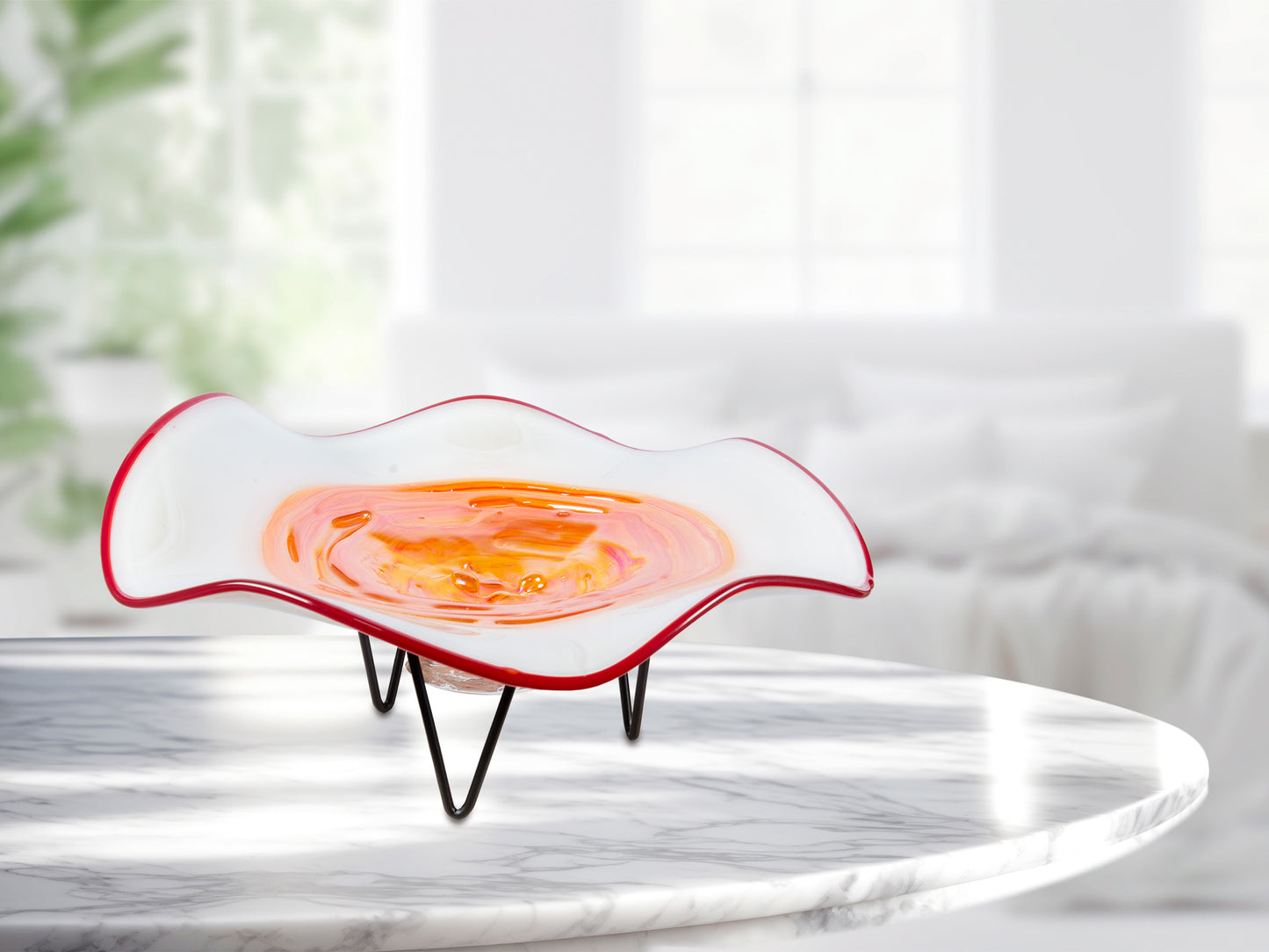 Cavalier White Orange 18" Hand Blown Art Glass Bowl With Stand