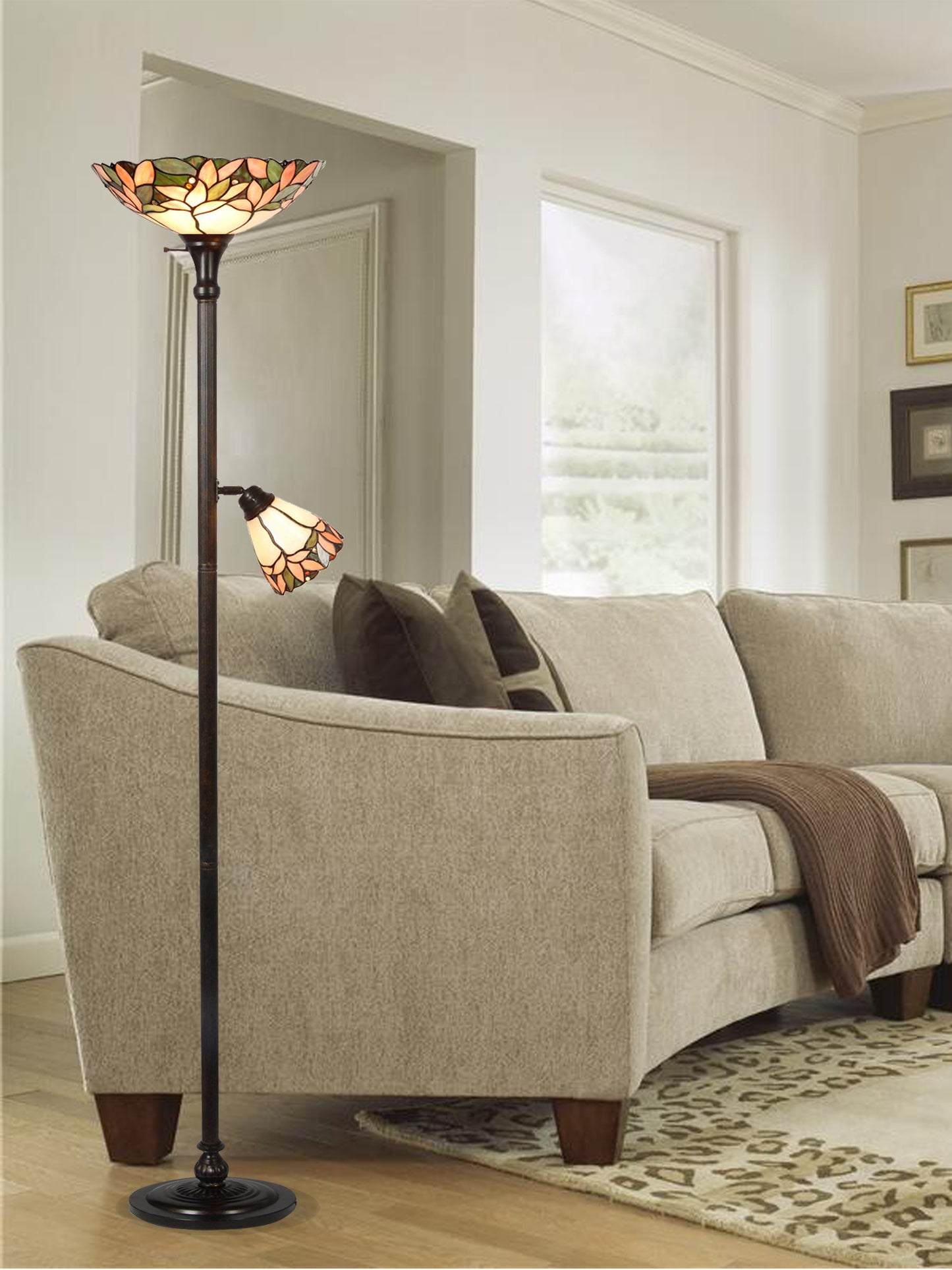Brune Garden Tiffany Torchiere Lamp with Side Light