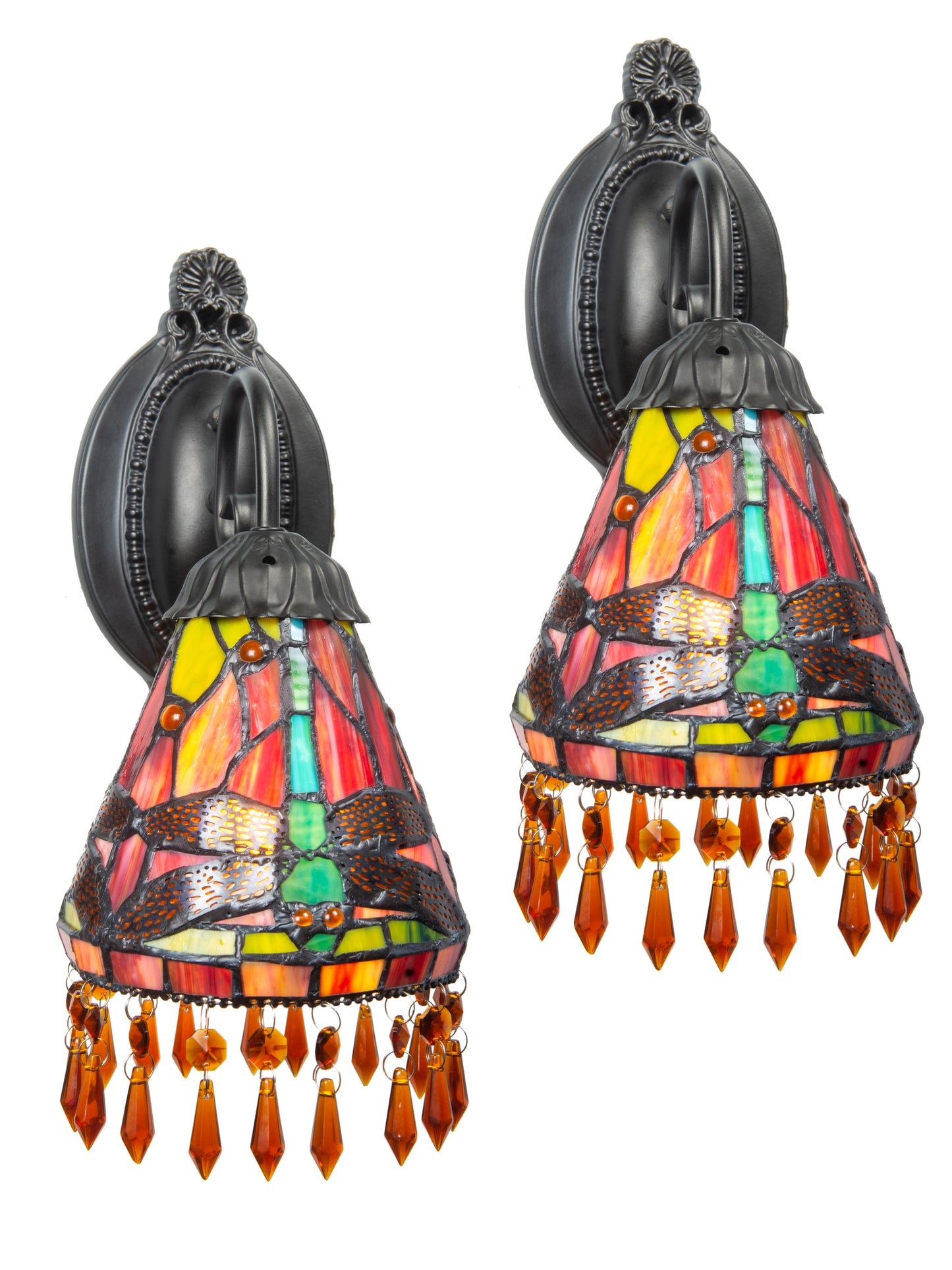 Dragonfly Beaded 2-Piece Tiffany Wall Sconce Set