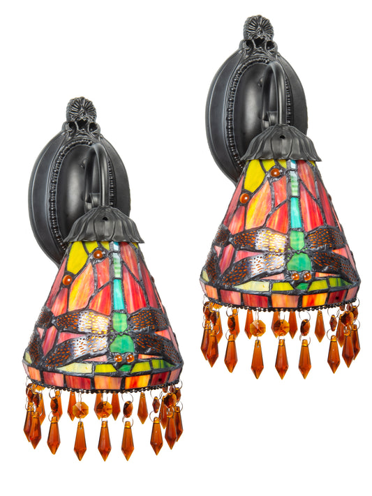 Dragonfly Beaded 2-Piece Tiffany Wall Sconce Set