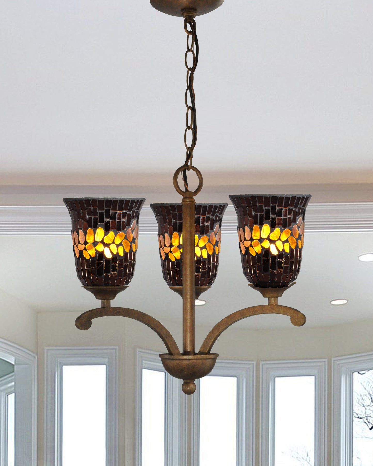 Copper Shell 3-Light Mosaic Art Glass Chandelier