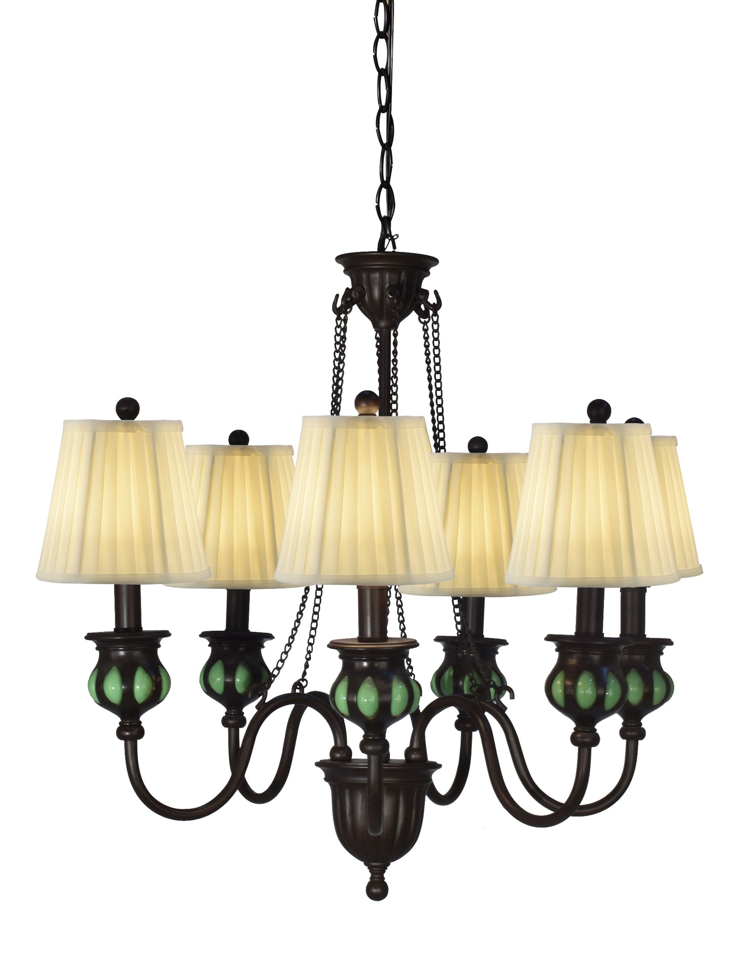 6-Light Green Hand Blown Art Glass Chandelier with Fabric Shades