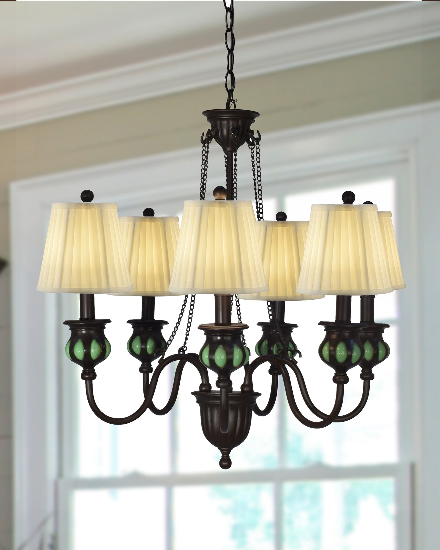 6-Light Green Hand Blown Art Glass Chandelier with Fabric Shades