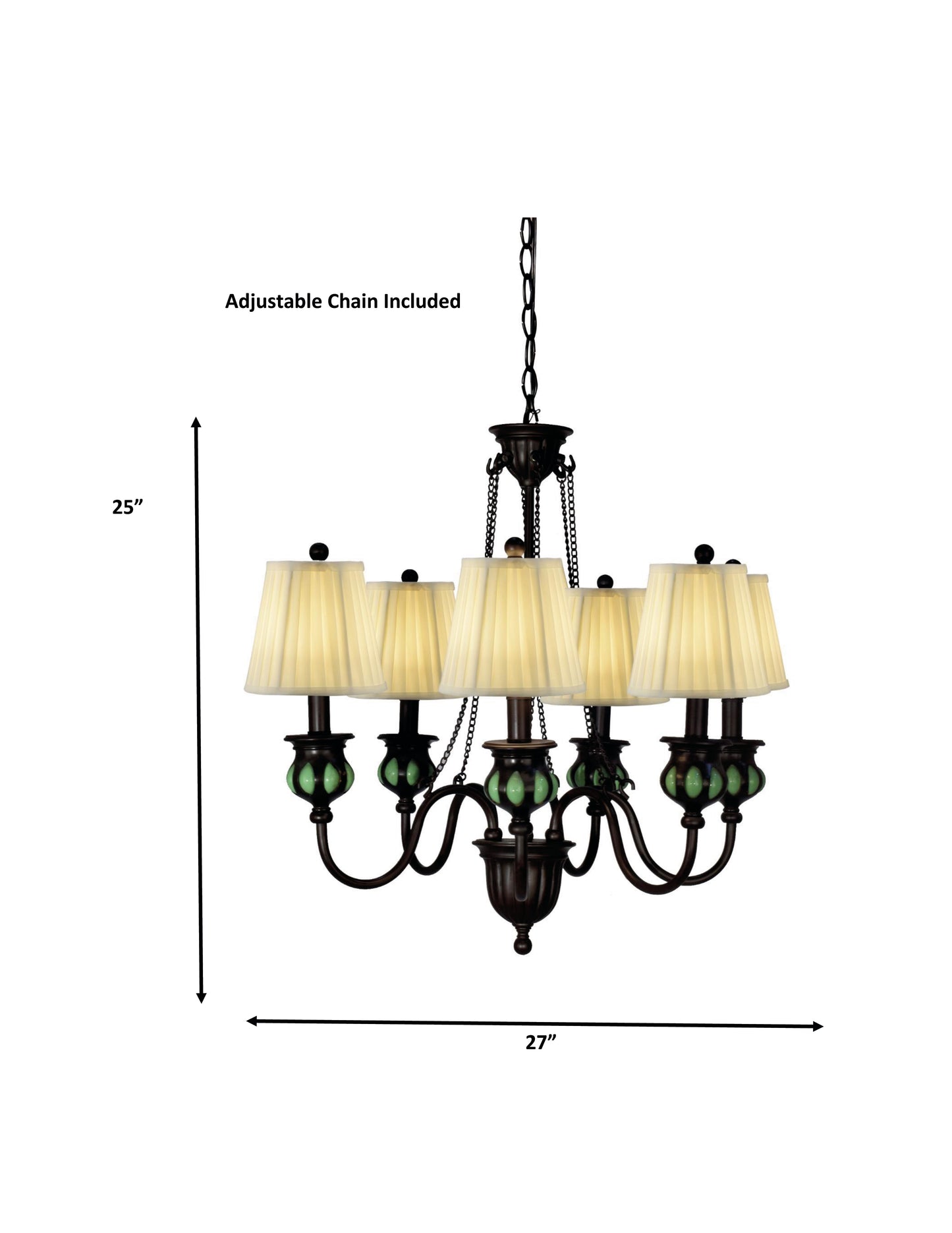6-Light Green Hand Blown Art Glass Chandelier with Fabric Shades